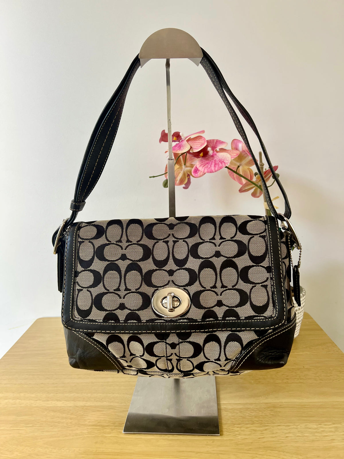 Coach Black and Grey Signature Monogram Two Way Bag