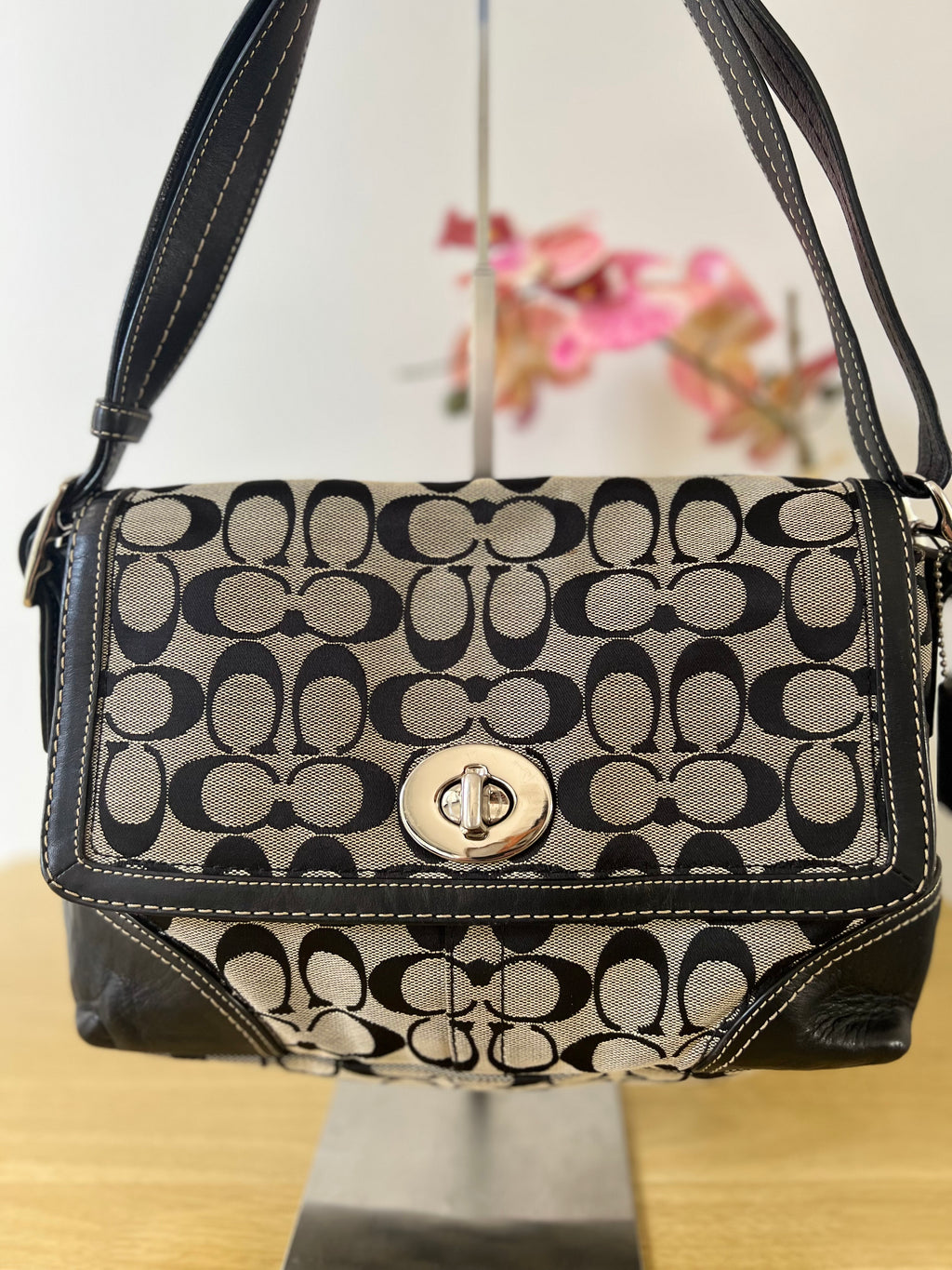 Coach Black and Grey Signature Monogram Two Way Bag