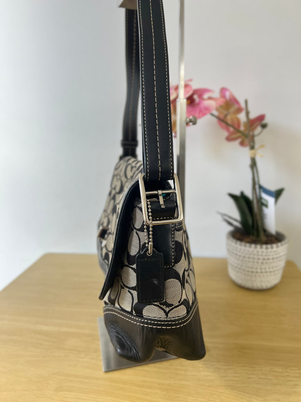 Coach Black and Grey Signature Monogram Two Way Bag