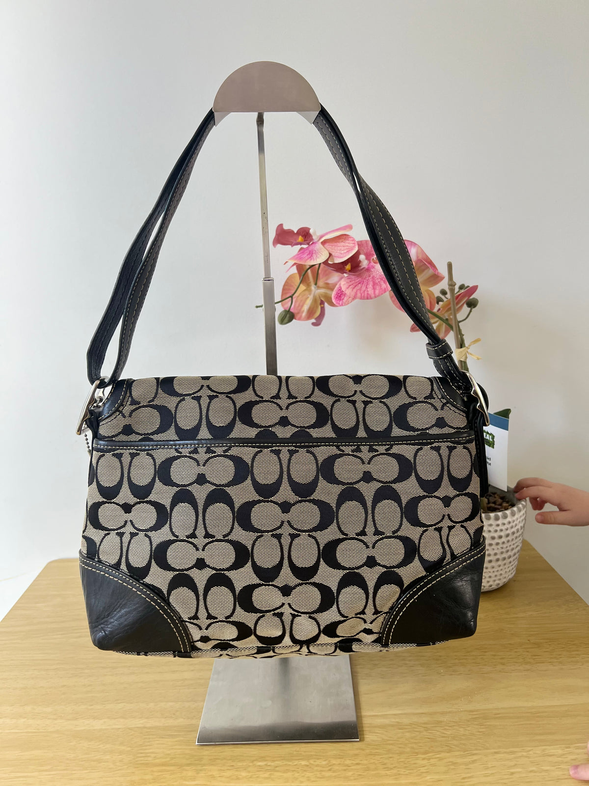 Coach Black and Grey Signature Monogram Two Way Bag