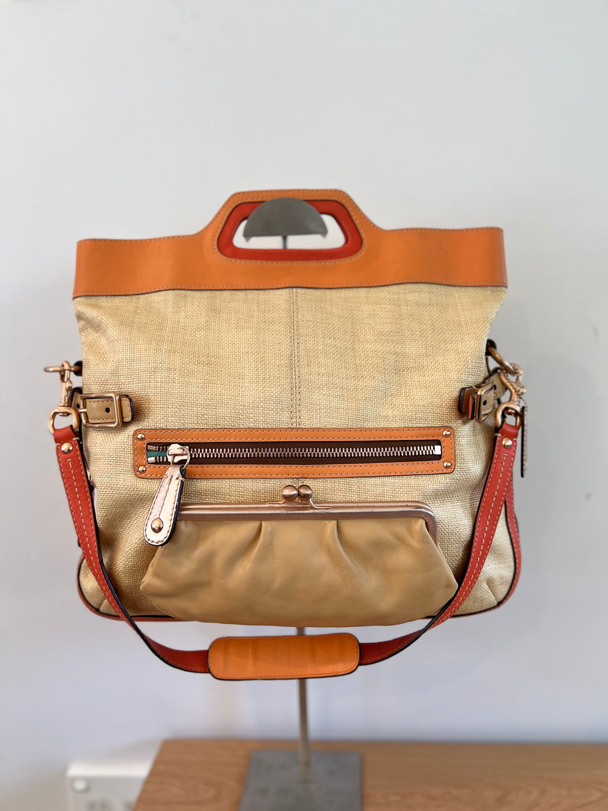 Authentic Coach Rare 2000s Bonnie Cashin Straw & Leather Fold-Over Bag