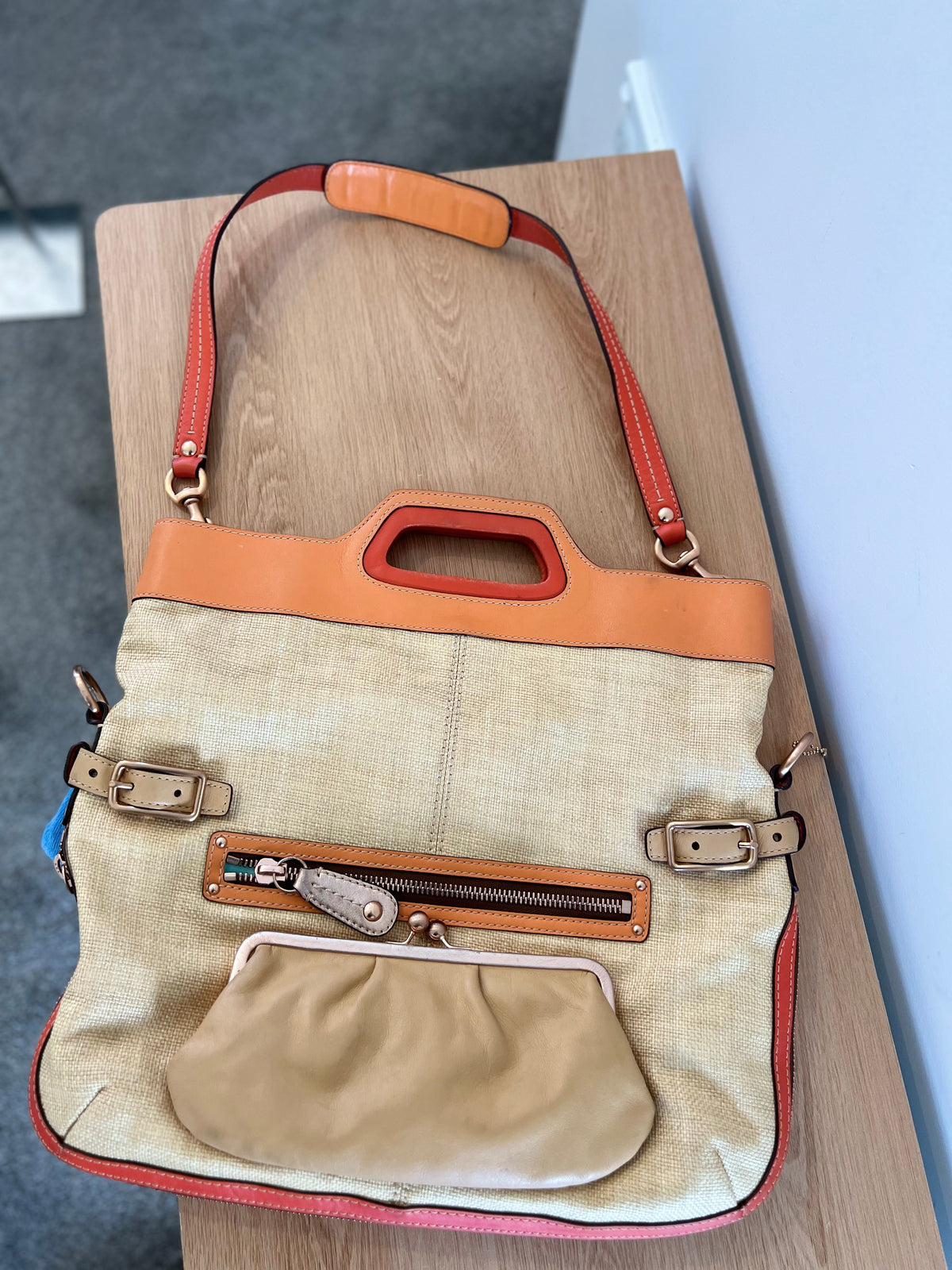 Authentic Coach Rare 2000s Bonnie Cashin Straw & Leather Fold-Over Bag