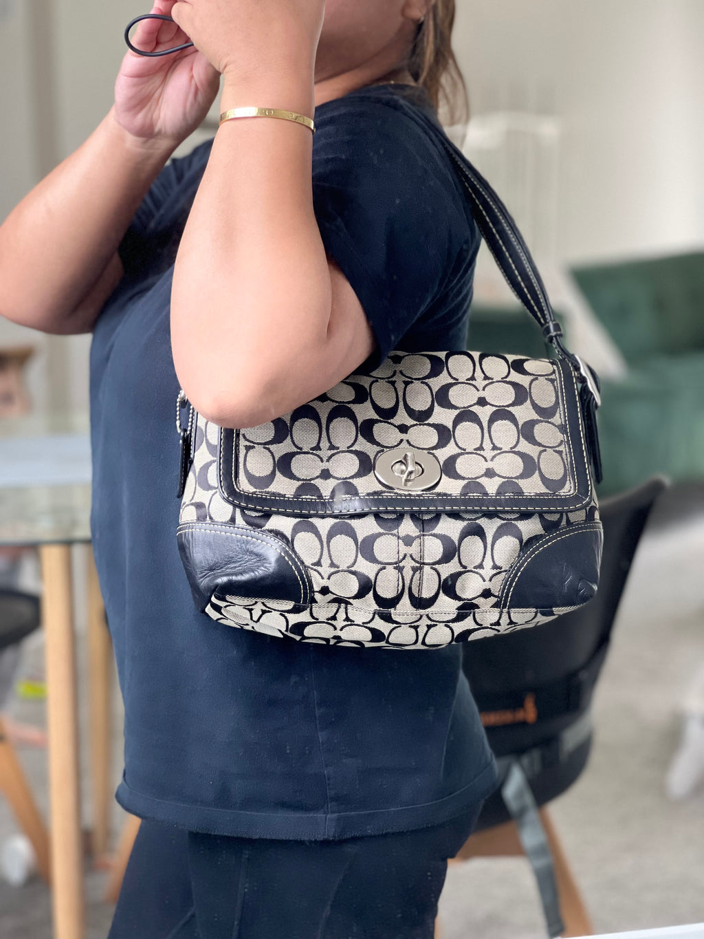 Coach Black and Grey Signature Monogram Two Way Bag