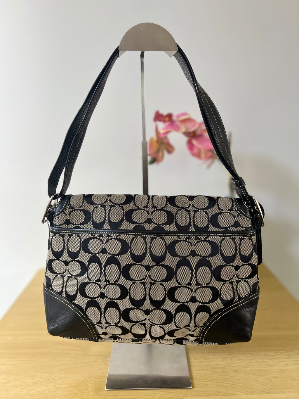 Coach Black and Grey Signature Monogram Two Way Bag