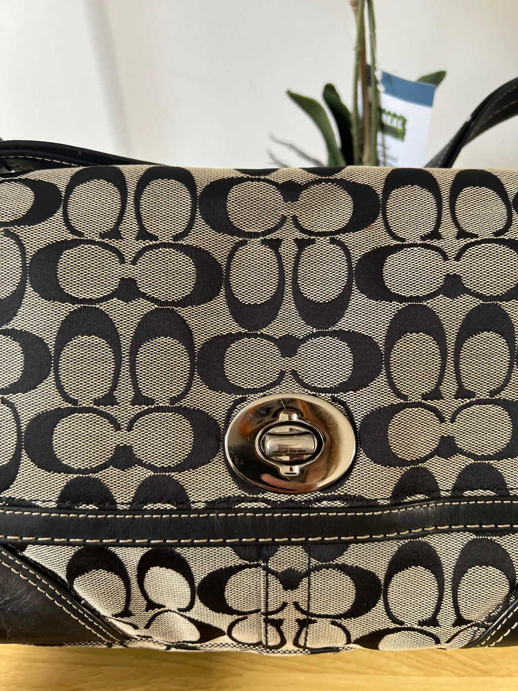 Coach Black and Grey Signature Monogram Two Way Bag