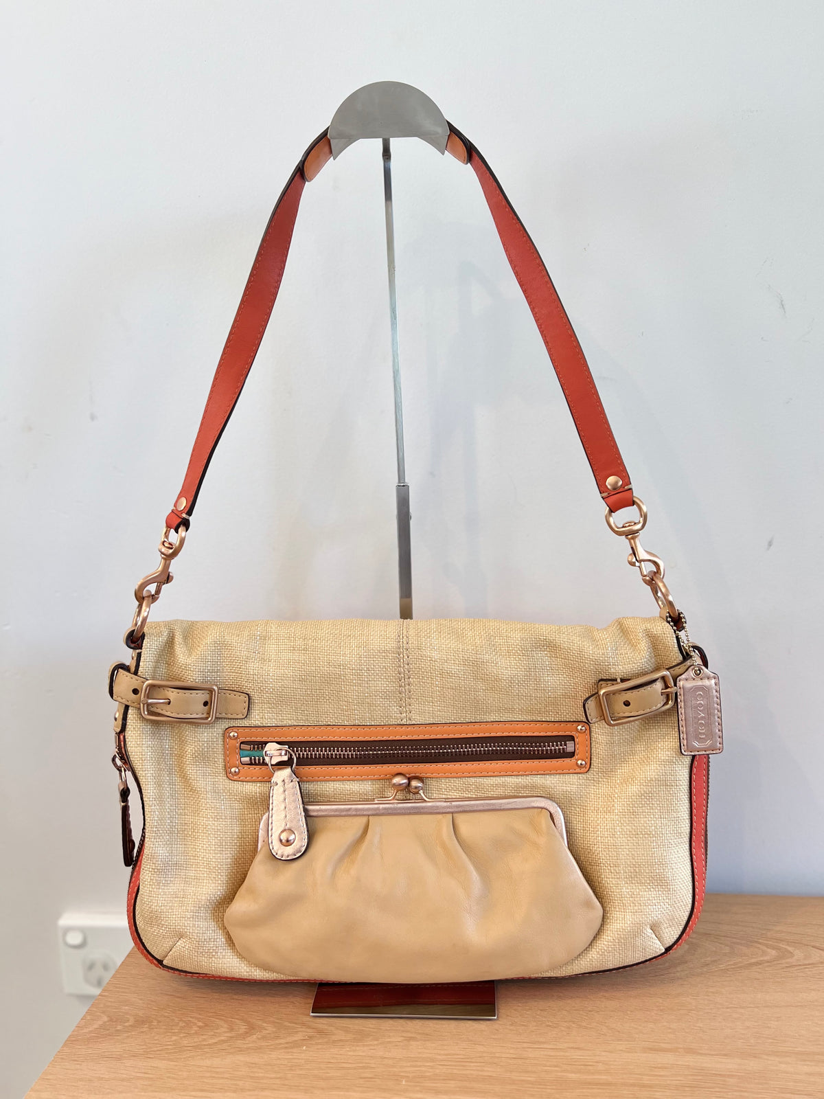 Authentic Coach Rare 2000s Bonnie Cashin Straw & Leather Fold-Over Bag