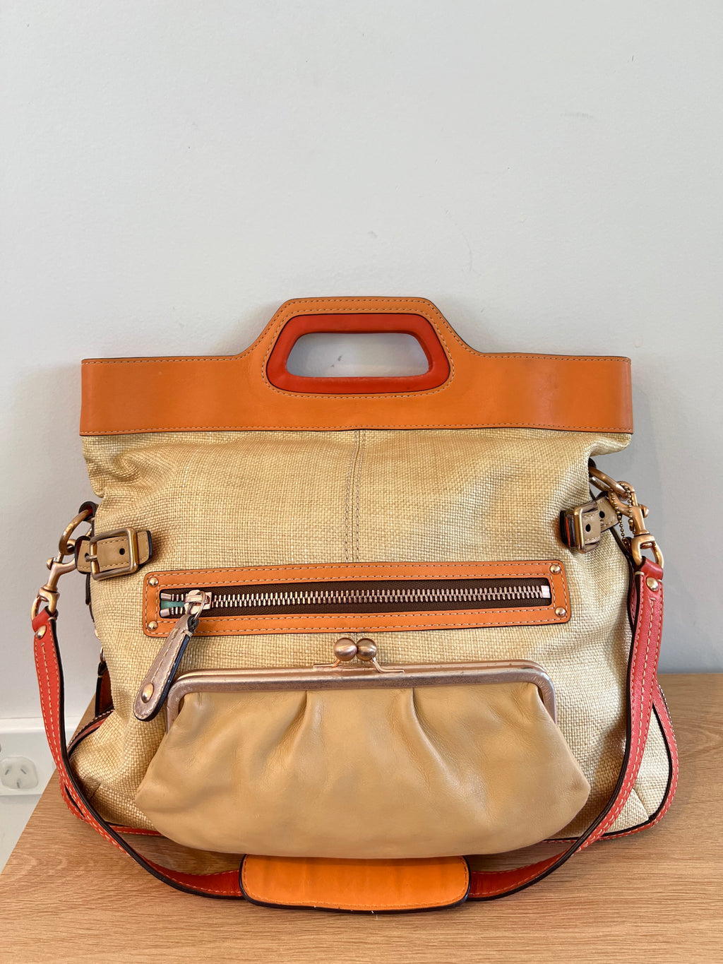 Authentic Coach Rare 2000s Bonnie Cashin Straw & Leather Fold-Over Bag