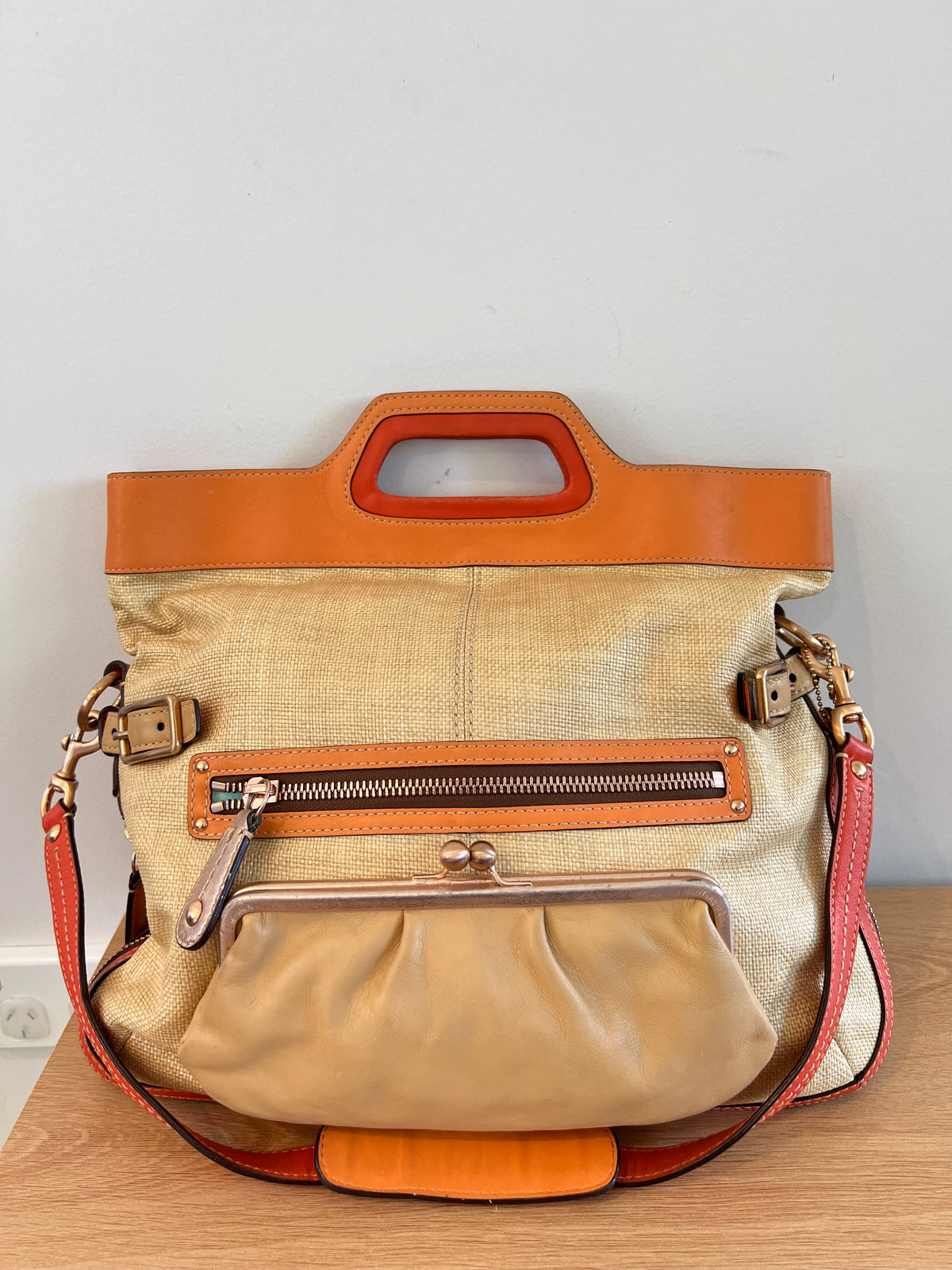 Authentic Coach Rare 2000s Bonnie Cashin Straw & Leather Fold-Over Bag