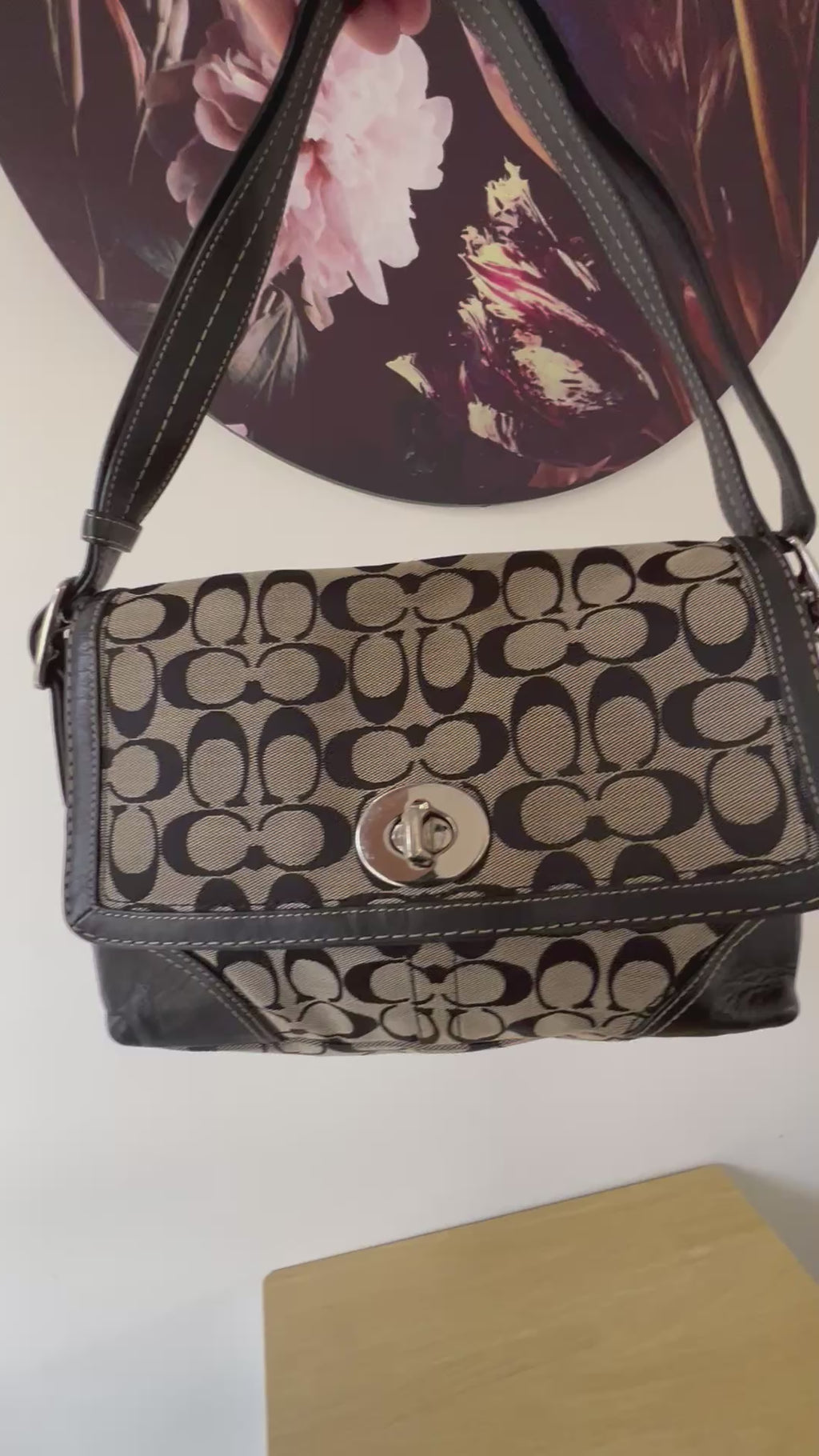 Coach Black and Grey Signature Monogram Two Way Bag